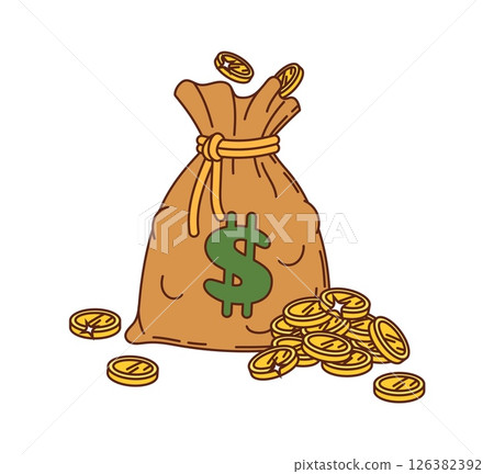 Cartoon groovy wild west western money bag. Isolated vector sturdy canvas sack, used to carry coins or banknotes, marked with a dollar sign. Retro vintage nostalgic asset with American currency cash Cartoon groovy wild west western money bag. Isolated vector sturdy canvas sack, used to carry coins or banknotes, marked with a dollar sign. Retro vintage nostalgic asset with American currency cash 126382392