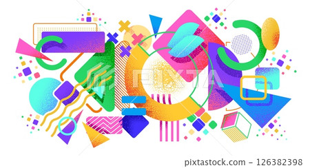 Colorful Memphis abstract shapes background. Minimalistic geometric forms vector backdrop, abstract graphic shape figures cover background or futuristic wallpaper with vibrant color elements 126382398