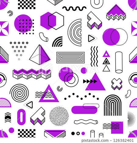 Purple and white Memphis graphic seamless pattern. Funky Memphis abstract figures vector wallpaper backdrop, wrapping paper seamless background. Fabric or textile Memphis geometric pattern or print 126382401
