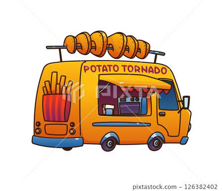 Potato tornado food truck car, festival street foodtruck van. Cartoon yellow wheeled retro cafe with a giant spiral fries skewer on top. Vector vehicle booth features an open cooking area and a awning Potato tornado food truck car, festival street foodtruck van. Cartoon yellow wheeled retro cafe with a giant spiral fries skewer on top. Vector vehicle booth features an open cooking area and a awning 126382402