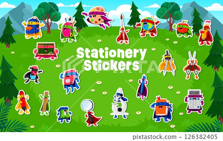 Cartoon superhero education stationery characters stickers pack. Vector set of notebook, pencil, ruler, marker, eraser and compass. Scissor, chalkboard, glue, globe, sharpener, magnifier with backpack Cartoon superhero education stationery characters stickers pack. Vector set of notebook, pencil, ruler, marker, eraser and compass. Scissor, chalkboard, glue, globe, sharpener, magnifier with backpack 126382405