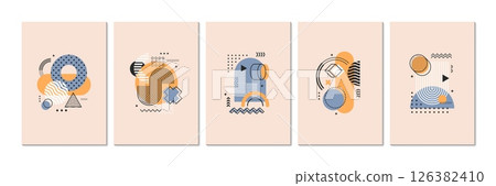 Abstract geometric Memphis posters with graphic shapes and elements. Vector modern cards or cover templates with soft, pastel colors and minimal patterns in 80s style, exude trendy eclectic aesthetic Abstract geometric Memphis posters with graphic shapes and elements. Vector modern cards or cover templates with soft, pastel colors and minimal patterns in 80s style, exude trendy eclectic aesthetic 126382410