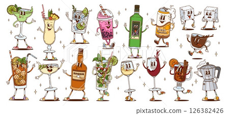 Hippie groovy cocktail drink and beverage characters. Vector funny glasses of wine, mojito, margarita and gin tonic alcohol drink cocktails. Psychedelic groovy beer, coffee and bubble tea characters Hippie groovy cocktail drink and beverage characters. Vector funny glasses of wine, mojito, margarita and gin tonic alcohol drink cocktails. Psychedelic groovy beer, coffee and bubble tea characters 126382426