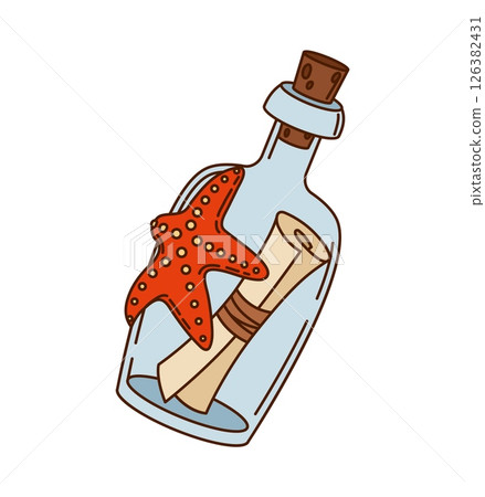 Cartoon groovy pirate and corsair message, rolled up scroll inside a glass bottle sealed with a cork and red starfish is attached. Isolated vector retro letter in flask tossed by the sea, secret map Cartoon groovy pirate and corsair message, rolled up scroll inside a glass bottle sealed with a cork and red starfish is attached. Isolated vector retro letter in flask tossed by the sea, secret map 126382431