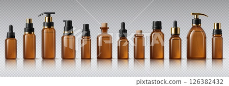 Realistic amber glass bottles, mockup containers of empty cosmetic bottles, vector set. Realistic brown amber glass bottles and vials with pump lid or dropper caps of cosmetic cream, serum or lotion 126382432