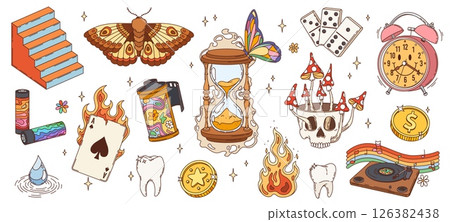 Retro hippie groovy objects and vintage psychedelic symbols. Vector groovy skull with mushroom, butterfly and moth, fire flames, playing card and domino. Hippie record player, hourglass and stairs 126382438