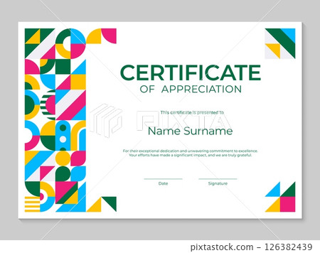Horizontal certificate template with geometric abstract pattern for diploma appreciation, vector background. Certificate of appreciation or diploma award layout template with modern geometric pattern Horizontal certificate template with geometric abstract pattern for diploma appreciation, vector background. Certificate of appreciation or diploma award layout template with modern geometric pattern 126382439