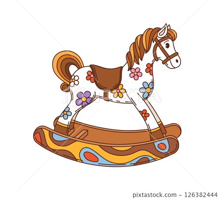 Cartoon vintage rocking horse, retro groovy kids toy character with floral patterns, painted wooden base, saddle and flowing mane. Isolated vector nostalgic and classic animal wood toy for children Cartoon vintage rocking horse, retro groovy kids toy character with floral patterns, painted wooden base, saddle and flowing mane. Isolated vector nostalgic and classic animal wood toy for children 126382444