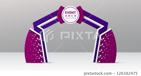 Exhibition purple and blue event arch or gate entrance with welcome sign, vector mockup template. Event arch and entry gate in modern trendy creative design for sport marathon or exhibition entrance 126382475