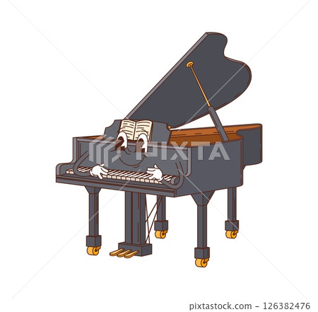 Cartoon grand piano groovy musical instrument character. Isolated vector retro y2k personage with smiling face and notes sheet playing on itself promotes educational music classes or musician store Cartoon grand piano groovy musical instrument character. Isolated vector retro y2k personage with smiling face and notes sheet playing on itself promotes educational music classes or musician store 126382476