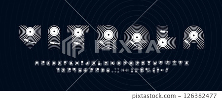 Music dj sound font, musical typeface letters, gramophone type, vinyl record alphabet vector typography. English abc letters and numbers font of retro vinyl records and dj music sound mixer silhouette 126382477