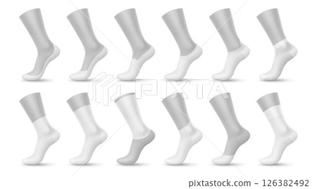 Realistic white woman socks for mockup templates of footwear textile, isolated vector set. Blank white sport socks with elastic ankle, high long or middle low and short socks on woman foot mannequin Realistic white woman socks for mockup templates of footwear textile, isolated vector set. Blank white sport socks with elastic ankle, high long or middle low and short socks on woman foot mannequin 126382492