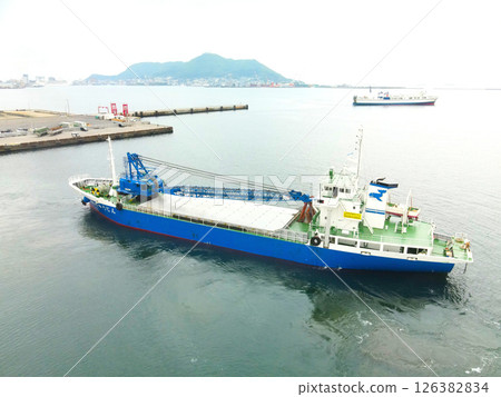 Aerial view of cargo ships leaving Hakodate Port in Hakodate, Hokkaido in spring 126382834