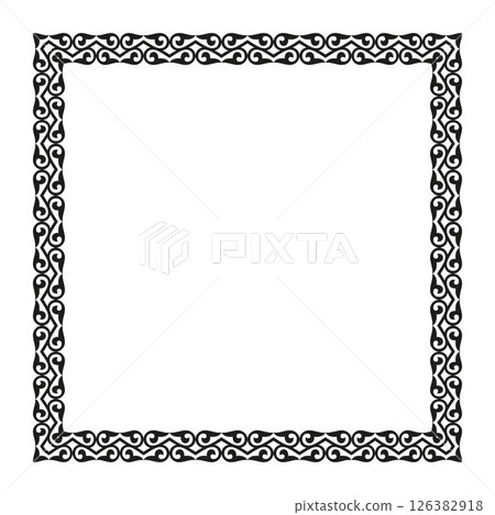 Black and white square frame. Traditional square Turkic ornament. Oriental black square pattern with arabesques. Islam, Indian, Ottoman motif. For ceramic, porcelain, embroidery, sandblasting, laser.  126382918
