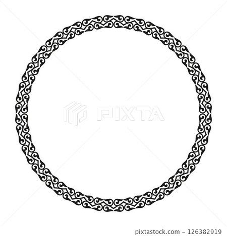 Black and white round frame. Traditional round Turkic ornament. Oriental black round pattern with arabesques. Islam, Indian, Ottoman motif. For ceramic, porcelain, embroidery, sandblasting, laser. Black and white round frame. Traditional round Turkic ornament. Oriental black round pattern with arabesques. Islam, Indian, Ottoman motif. For ceramic, porcelain, embroidery, sandblasting, laser. 126382919