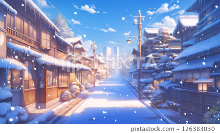 Snowy downtown scene, anime style 126383030