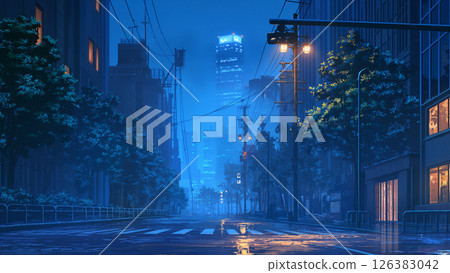 雨城十字路口場景，動漫風格 126383042