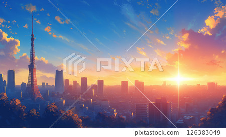Tokyo landscape with the sun setting, anime style 126383049