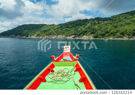Wooden boat trip to the sea at Koh Tao, snorkeling at the island, summer activities 126383214
