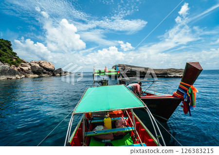 Wooden boat trip to the sea at Koh Tao, snorkeling at the island, summer activities 126383215