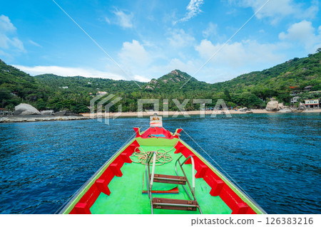 Wooden boat trip to the sea at Koh Tao, snorkeling at the island, summer activities 126383216