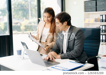 Portrait of success business people working together in modern office. Portrait of success business people working together in modern office. 126383289