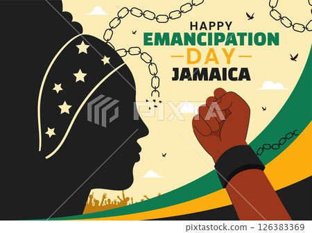 Vector Illustration of Jamaica Emancipation Day on August 1st featuring a Waving Flag and Broken Hand Chain to Commemorate the National Holiday Vector Illustration of Jamaica Emancipation Day on August 1st featuring a Waving Flag and Broken Hand Chain to Commemorate the National Holiday 126383369