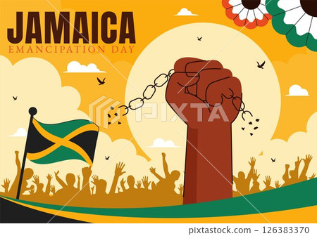 Vector Illustration of Jamaica Emancipation Day on August 1st featuring a Waving Flag and Broken Hand Chain to Commemorate the National Holiday Vector Illustration of Jamaica Emancipation Day on August 1st featuring a Waving Flag and Broken Hand Chain to Commemorate the National Holiday 126383370