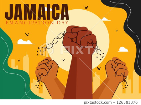 Vector Illustration of Jamaica Emancipation Day on August 1st featuring a Waving Flag and Broken Hand Chain to Commemorate the National Holiday 126383376