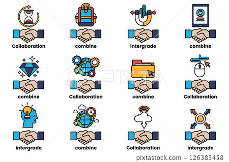 A hand holding another hand, with a variety of icons surrounding them 126383458