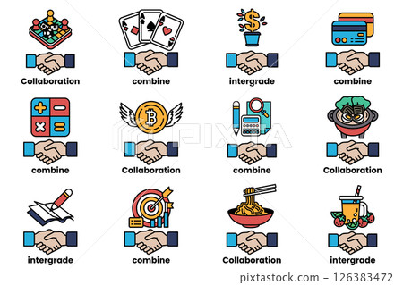 The image is a collection of hand icons that represent different concepts such a 126383472