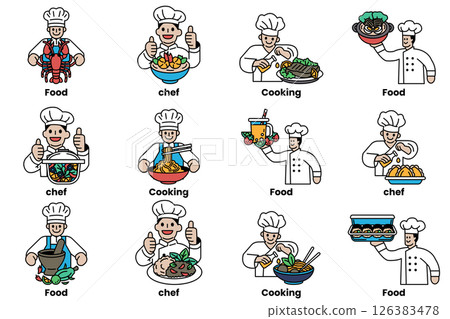 A series of cartoon images of chefs and food 126383478