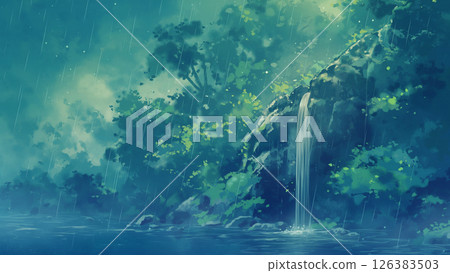 雨中小瀑布的風景，動漫風格 126383503