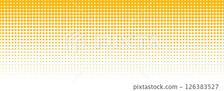 Yellow halftone gradient texture. Vanishing cartoon polka dot background. Repeated dotted gradation pattern. Fading comic pop art overlay backdrop. Raster halfton patern effect wallpaper. Vector 126383527