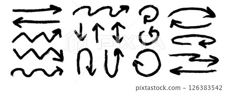 Hand drawn crayon arrow collection. Black thick curve and straight doodle arrows set. Grunge charcoal sketch pointers or direction lines. Vector pastel pencil, chalk or marker brush stroke elements 126383542