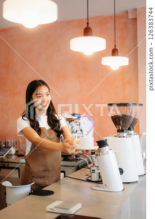 Startup successful small business owner sme woman stand with tablet  in cafe 126383744