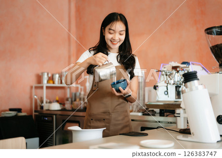 Startup successful small business owner sme woman stand with tablet  in cafe 126383747