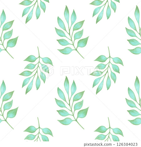 Seamless pattern with graceful turquoise leaves. Watercolor illustration. Hand drawn botanical background. Natural plant, simple branches for textile design, packaging, wallpaper, fabric, textile Seamless pattern with graceful turquoise leaves. Watercolor illustration. Hand drawn botanical background. Natural plant, simple branches for textile design, packaging, wallpaper, fabric, textile 126384023