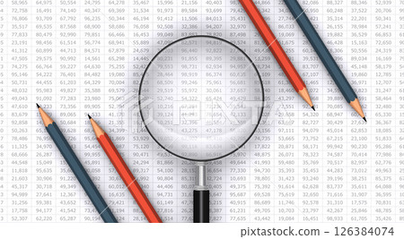 Numerical data, magnifying glass and pencil, image of business performance verification and data analysis 126384074