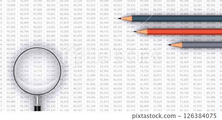 Numerical data, magnifying glass and pencil, image of business performance verification and data analysis 126384075