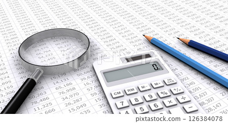 Numerical data and a magnifying glass, pencil and calculator, image of business performance verification and data analysis 126384078