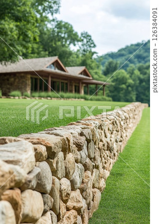 Rustic Stone Wall and House in Scenic Green Landscape with Lush Trees. 126384091