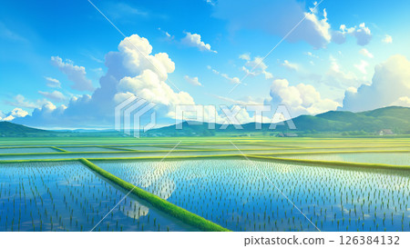 Scenery of flooded rice fields in early summer, anime style 126384132
