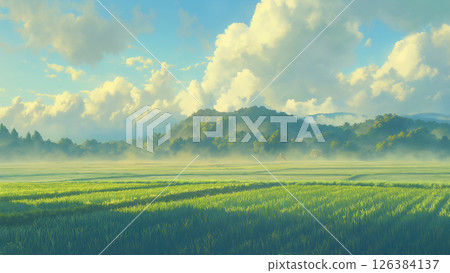 Wide rice field landscape, anime style 126384137