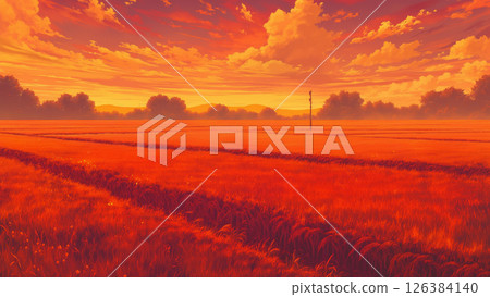 黃昏時的稻田風景，動畫風格 126384140