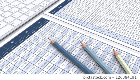 Numerical data, pencil and keyboard, image of business performance verification and data analysis 126384191
