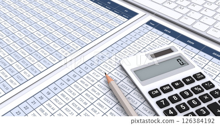 Numerical data and pencil, keyboard and calculator, image of business information verification and data analysis 126384192