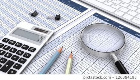 Numerical data and pencil, magnifying glass, calculator and keyboard, image of business information verification and data analysis 126384193