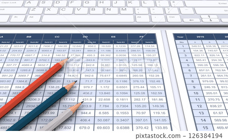 Numerical data, pencil and keyboard, image of business performance verification and data analysis 126384194