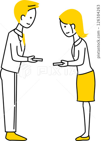 A simple illustration of a man and woman exchanging business cards A simple illustration of a man and woman exchanging business cards 126384263